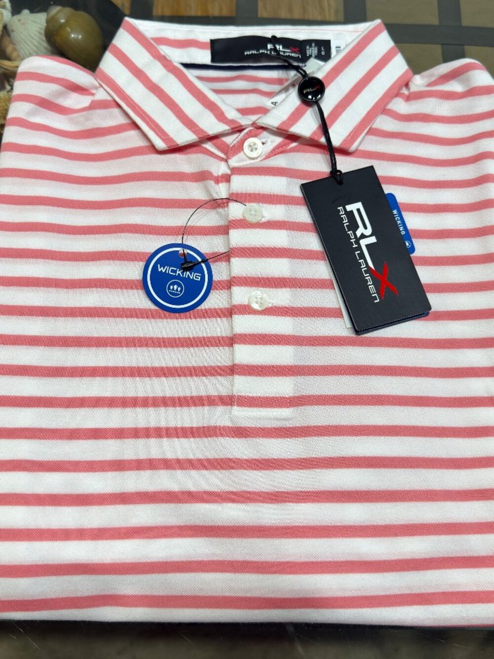 $110 RLX RALPH LAUREN MEN L PINK & WHITE STRIPE PERFORMANCE POLO GOLF SHIRT NWT